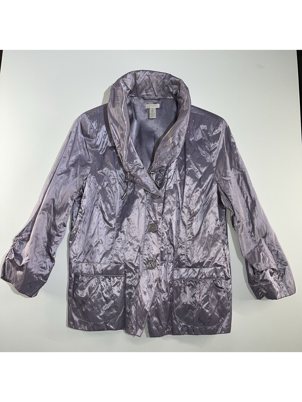 Chico's Jacket Womens 2 Large Purple Metallic Button Front Lined Pockets Shimmer